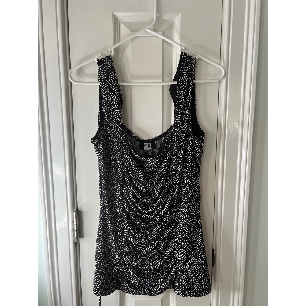 Studio 1940 Womens Black White Geometric Swirl Dot Ruched Cowl Neck Top Medium
